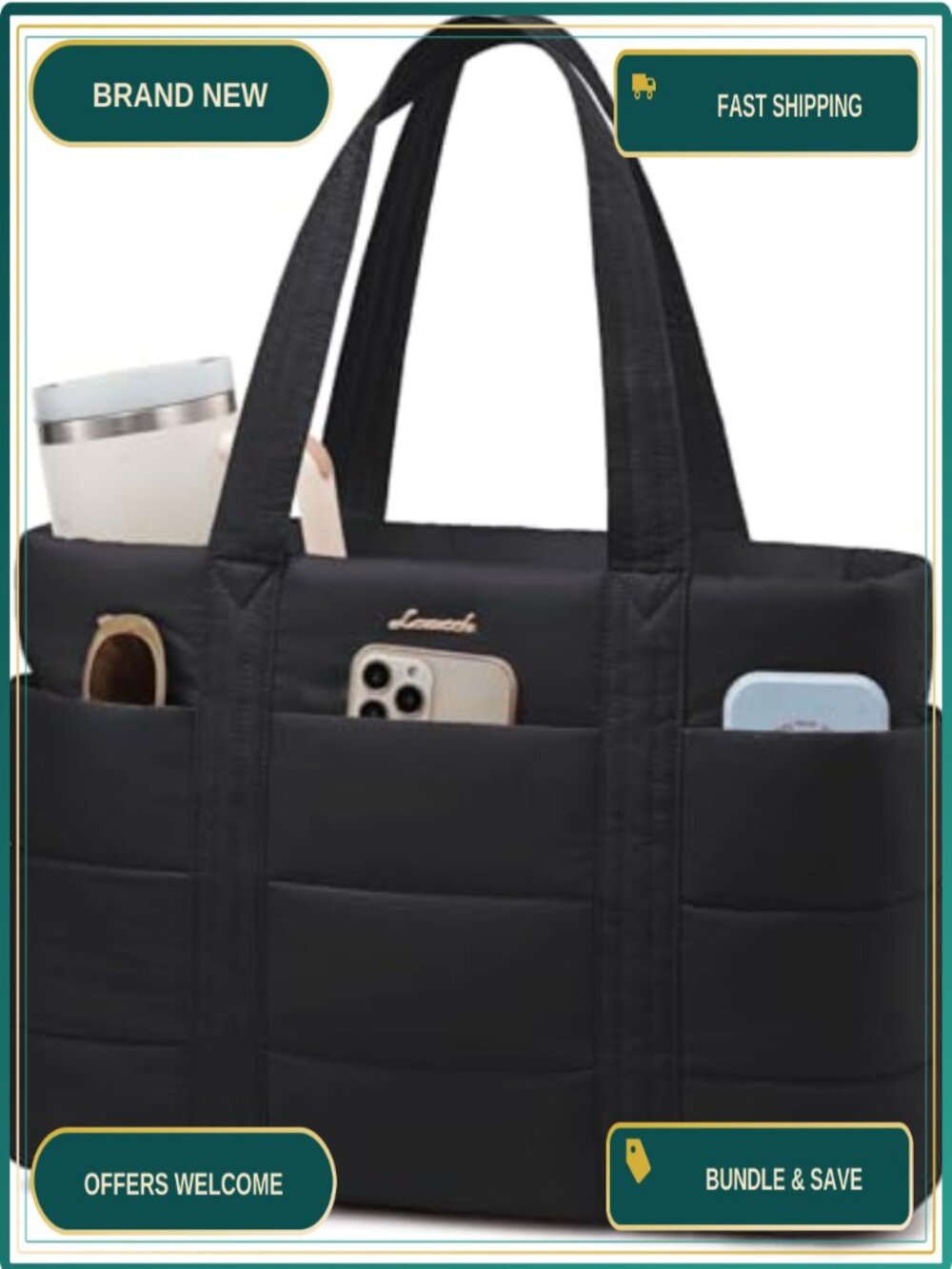 Puffer Tote Bag Large Lightweight Travel Laptop Tote with Zipper